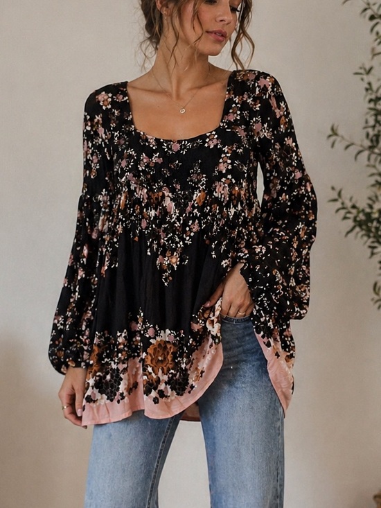Free People Tops - Free People Modern Chinoise Floral Tunic Mini Dress Black Boho Smocked Top M